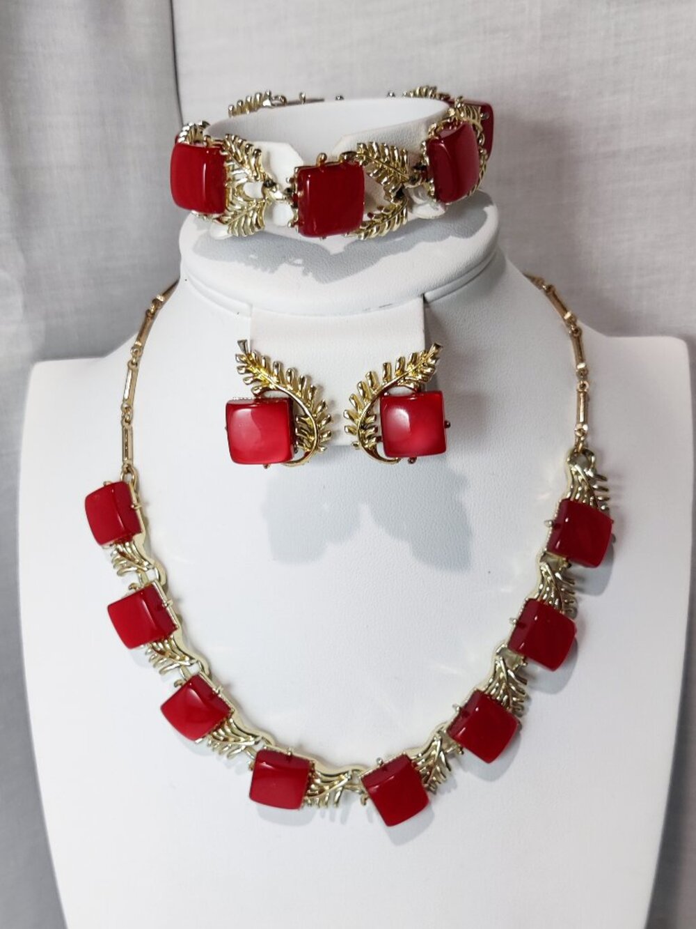 Vintage Coro Red Moonglow Lucite Parure Set